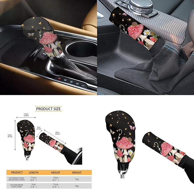 Mushroom Print Car Steering Wheel Cover Set for Men Women Mushroom Car Interior Accessories Cup Coaster Cars Handbrake Cover Universal Fit Truck Van SUV