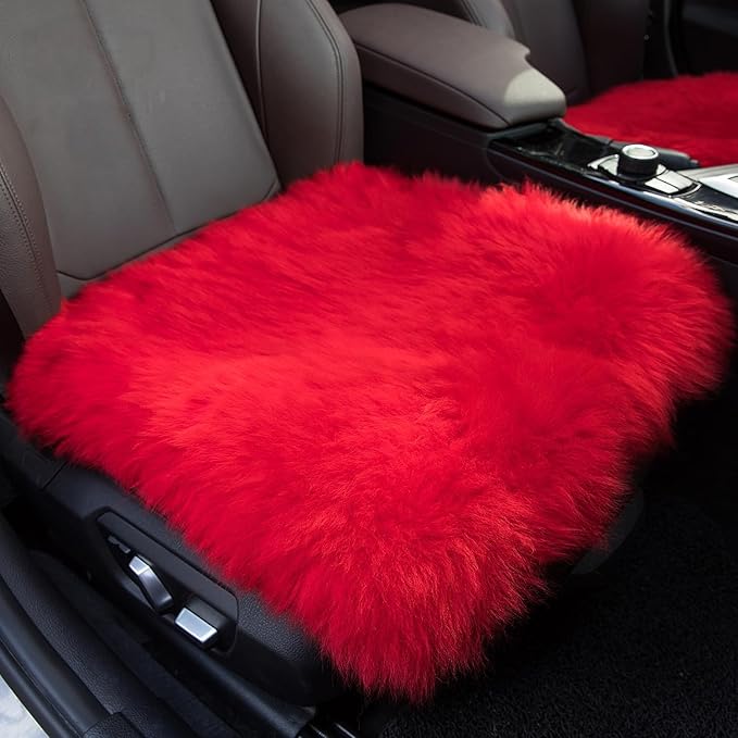 Winter Warmth: Universal Sheepskin Seat Cushion Cover - Natural Wool, for Cars, Trucks, SUVs & Vans - Cozy & Stylish Driving Companion Front Red