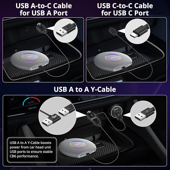 ATOTOZONE CB6 Wired CarPlay to Wireless CarPlay/Android Auto Adapter with Bluetooth, Wireless CarPlay AI Box, AI Voice Dongle with GPS Tracking, 4GB+64GB, Silver