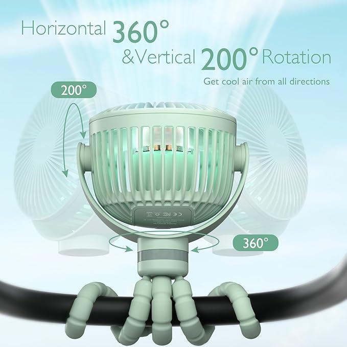 Momcozy 8000mAh Portable Stroller Fan, 27H Ultra-long Battery Life Detachable 4 Speed 360°Rotate LED Night Light with 2 Modes, USB Rechargeable Handheld Cooling Fan for Travel/Car Seat/Bedroom
