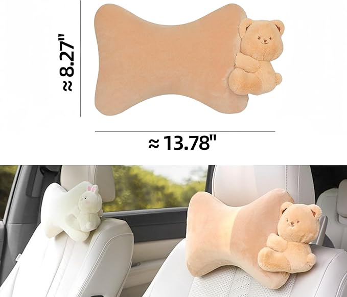 Car Headrest Pillow 2PCS Plush Bear ＆ Bunny Car Seat Headrest Pillow - Memory Foam Neck Support Cushions for Comfortable Driving, Easy Install & Washable (Bear+Rabbit)