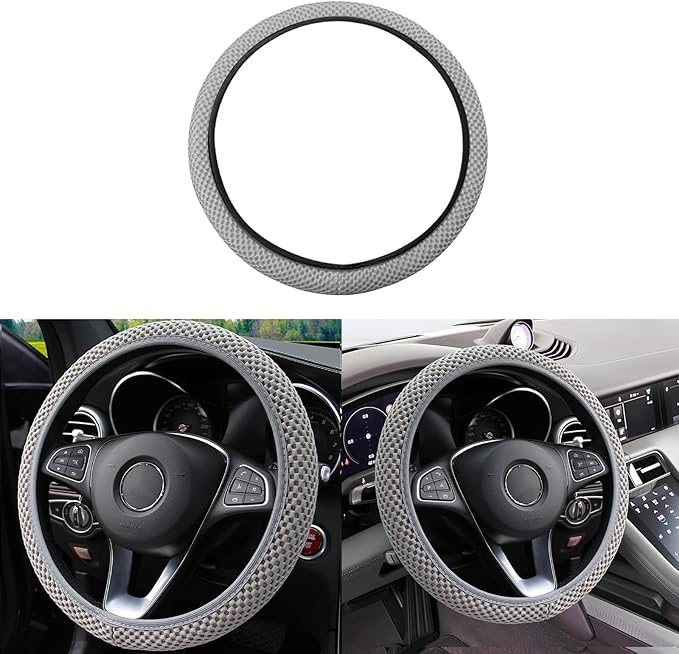 Elastic Stretch Car Steering Wheel Cover, Comfortable Steering Wheel Cover Universal for 14.5-15 Inch, Warm in Winter & Cool in Summer, Anti-Slip Breathable Ice Silk (Gray)