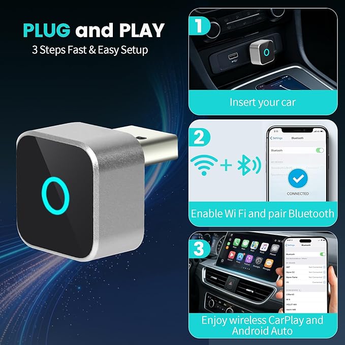 2026 Wireless CarPlay Adapter & Android Auto Dual System, Plug & Play Auto Connect Low Latency, USB-C Included, Compatible with Factory Wired CarPlay Cars for iPhone iOS 10+