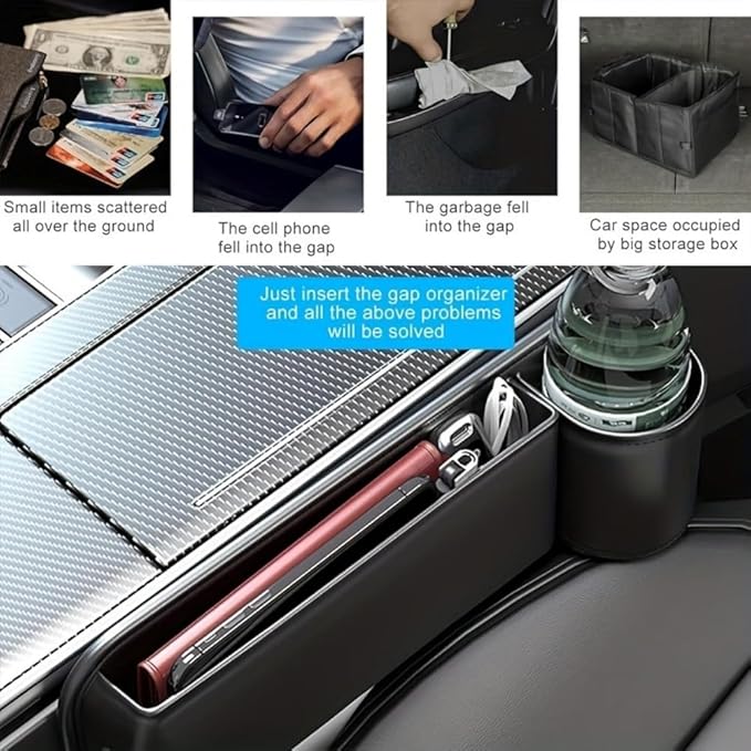 Car Seat Gap Filler Organizer with Cup Holders, Seat Gap Storage Box for Drinks, Phones, Keys, Sunglasses, Cards, and Small Essentials (Beige, Passenger Seat)