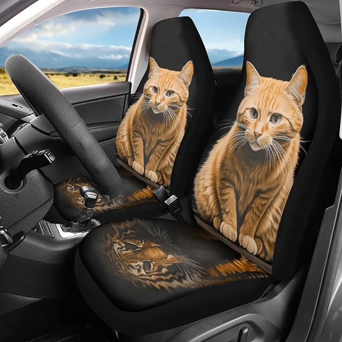 BIGCARJOB 2 Pcs Animal Car Seat Cover Set for Front Only,Funny Cat and Tiger Print Vehicle Bucket Seat Cushion Pads Auto Seat Protector for Men Women,Fit Most Cars,Sedan,Truck,SUV