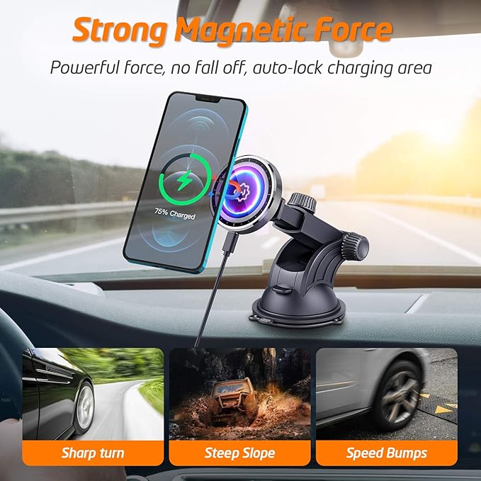 WixGear 15W Wireless Magnetic Car Charger, Air Vent & Dashboard Mount for iPhone 13/13 Pro/12/X Thru Mini with Auto Alignment