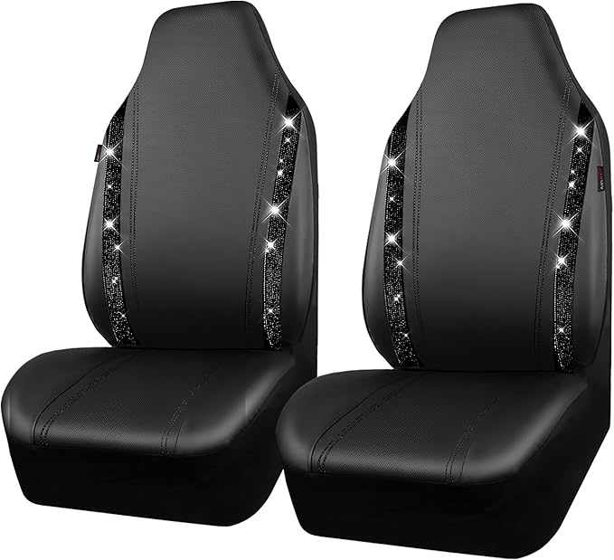 CAR PASS Leather Car Seat Covers High Back Bucket Bling Diamond Front Seats, Waterproof Universal Shining Glitter Crystal Sparkle Fit Model 3 Tesla Model Y, Truck SUV Cute Women Girl, Black Rhinestone