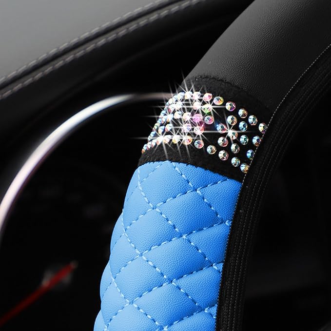 Bling Car Steering Wheel Cover, 15 Inch Rhinestones Soft Leather Elastic Steering Wheel Protector, Sparkly Crystal Diamond for Women Girls, Car Interior Accessories for Most Cars (Blue)