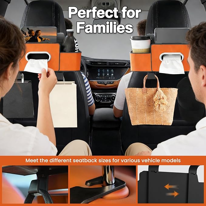 Multifunctional 3‑in‑1 Car Seat Back Storage Box Organizer with Cup Holders, Tissue Box Slot & Headrest Hooks – Backseat Car Organizer for Phones, Snacks, Drinks, Bags, Travel Storage (Brown)