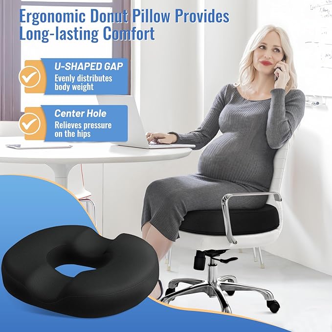 CloudBliss Donut Pillow Seat Cushion Chair Pad for Tailbone Pain Relief and Hemorrhoids, Memory Foam Seat Chair Cushion for Men and Women for Home & Office, (Black-2XL)