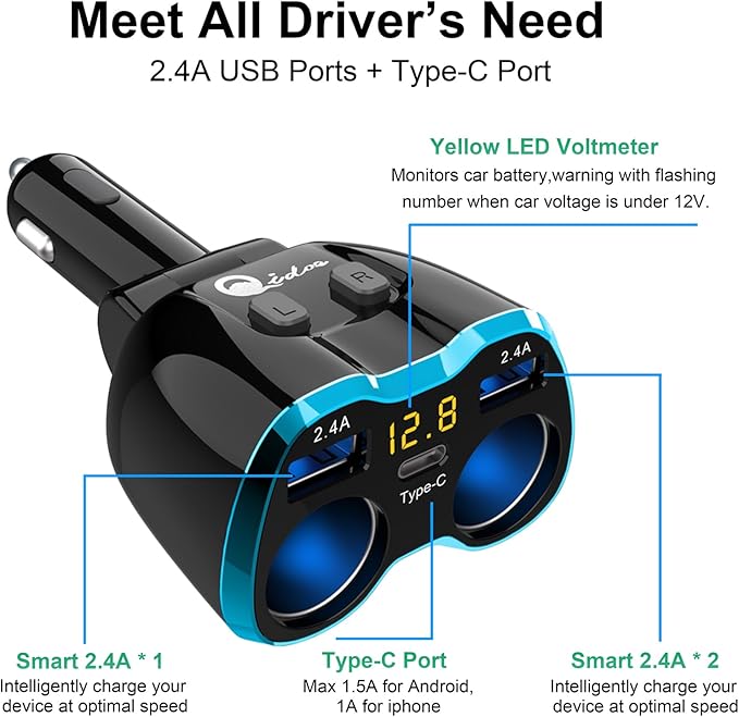Cigarette Lighter Splitter: USB C 12V Car Charger Adapter 2 Socket Type C Multi 12 Volt Power Outlet 24V DC 80W with LED Voltmeter Switch 6.3A Dual USB Port for Mobile Cell Phone GPS Dash Cam