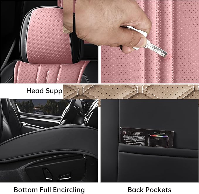 Car Seat Covers, Premium Leather Car Seat Covers, Waterproof and Breathable Seat Covers, Universal Car Seat Protector Fit for Cars, Trucks, SUVs, Pick-ups (Black & Pink, FullSet)