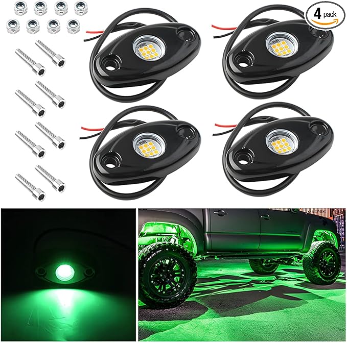 Rock Lights for Trucks, 4 Pods LED Rock Lights, IP67 Waterproof Neon Rock Lights Kits for Pickup ATV Off Road SUV, High Brightness Multifunction Underglow Lighting Glow Trail Rig Lamp (Green)