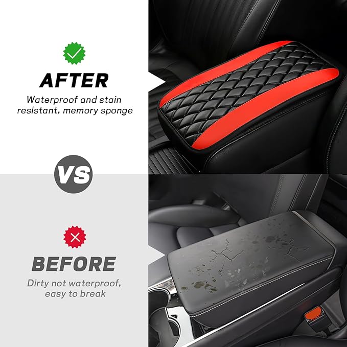 Car Center Console Cushion Pad, 12.72"×7.52" Leather Waterproof Auto Armrest Seat Box Protector, Car Center Console Cover, Universal Interior Decor Car Accessories for SUV Truck (Red)