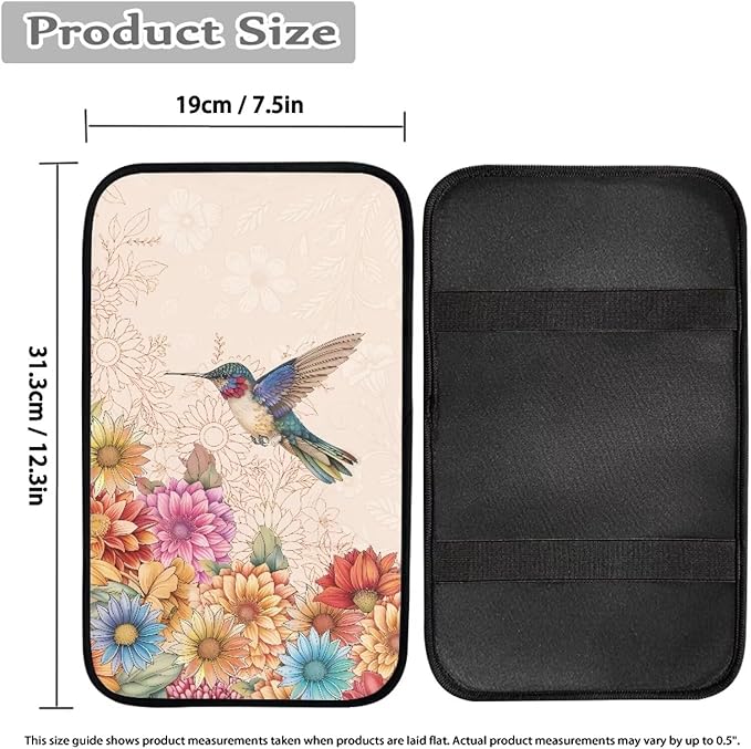 Center Console Armrest Cover Pad for Most Vehicle, Boho Flower Hummingbird Armrest Cushion Protector for SUV, Truck, Car,Universal Fit Car Accessories Interior
