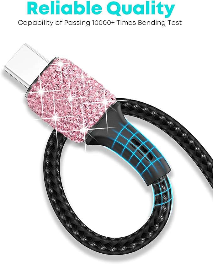 Bling USB Car Charger 5V 2.4A Pink Crystal Decor Dual Port Fast Adapter with 4ft Nylon Type C Micro USB 3 in 1 Multi Charging Cable for iPhone iPad Android, Auto Interior Accessories for Women