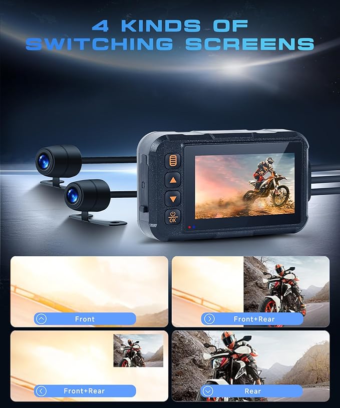 Dual Channel Dash Cam for Motorcycle, 3" HD IPS Screen, 720P Front and 480P Rear, Parking Monitoring, G-Sensor, Motion Sensing, Loop Recording, IP67 & HDR, for All Motorcycles