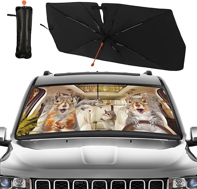 CHILL·TEK Funny Animal Car Windshield Sun Shade Umbrella, Funny Squirrel Car Sun Shade Umbrella, Block UV Rays Heat Foldable Windshield Umbrella Sun Visor Protector - Keep Vehicle Cool for Cars SUV