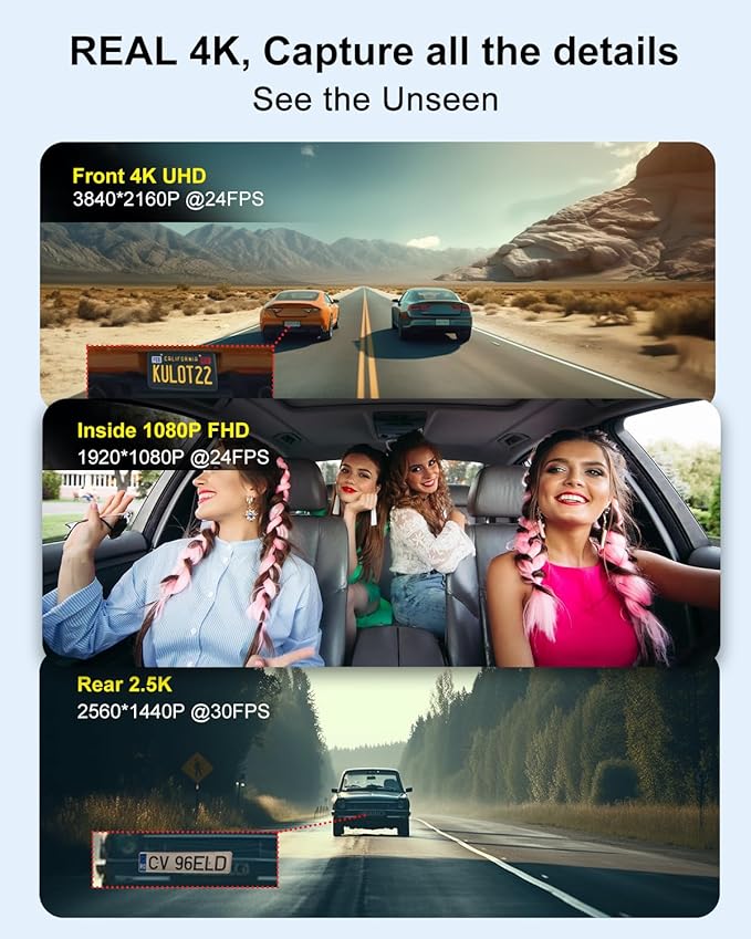 Dash Cam Camera For Cars Dashcam - Lehwey 3 Channel 4k 2160P+1440P+1080P Dash Cam Front and Rear Inside, Built in WiFi GPS, With 64GB Card, Night Vision G-Sensor Parking Mode, 170°Angle Loop Recording