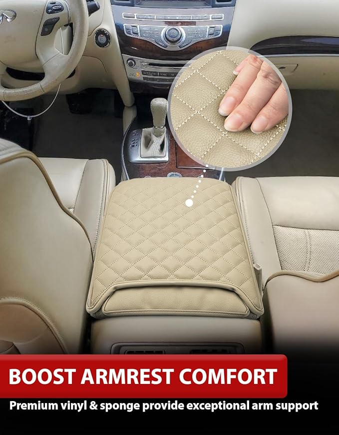 KBH Center Console Armrest Cover for Infiniti QX60 & JX35, Nissan Pathfinder 2013 2014 2015 2016 2017 2018 2019 2020, Vinyl Leather, Middle Console Lid Protector, Custom-fit Accessories, Beige
