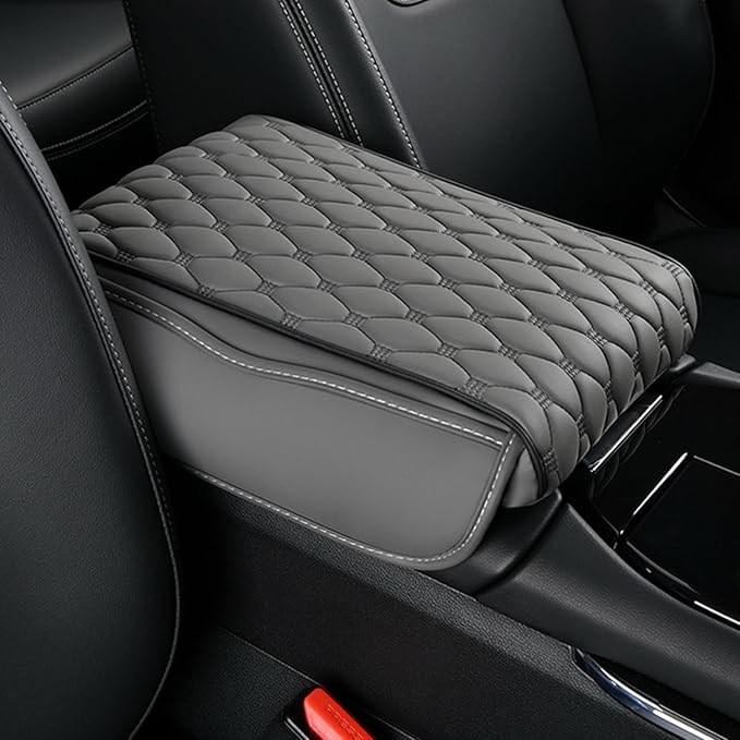 Center Console Armrest Cover, Universal Leather Waterproof Armrest Seat Box Cover Protector, Car Armrest Cover Cushion with 2 Storage Bags(Black) (Gray)
