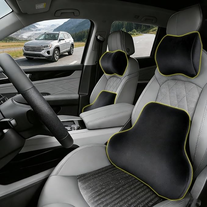 Car Neck & Lumbar Support Pillow Set for Volkswagen Atlas, Soft Memory Foam Headrest & Back Cushion, Ergonomic Comfortable Seat Support for Daily Driving and Long Trips Car Interior Accessories