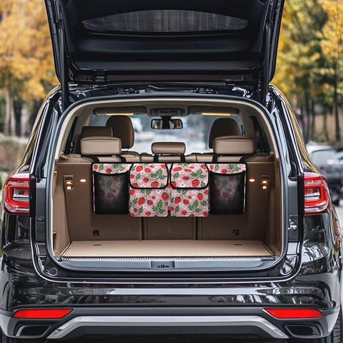 Car Trunk Organizer Pink Strawberry Back Seat Car Organizer Equipped with Robust Elastic Net, Hanging Car Storage Organizer with Lids, Space Saving Expert