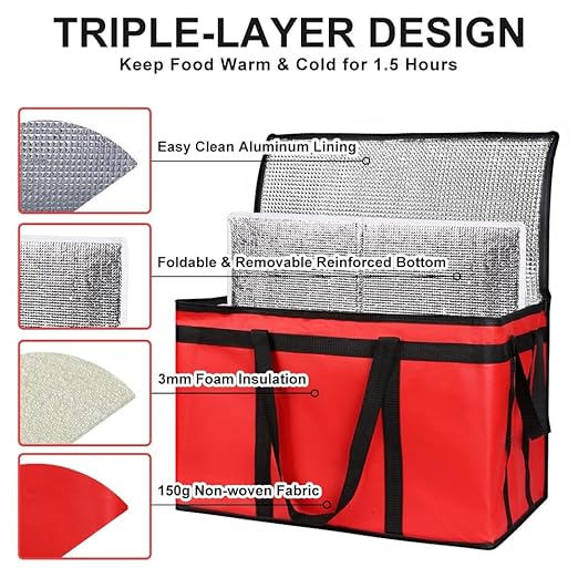 CIVJET Insulated Food Delivery Bag with Hard Bottom, XXX-Large Insulated Reusable Grocery Cooler/Hot Bags, Tote Bag for Shopping/Travel, Red, 3-Pack