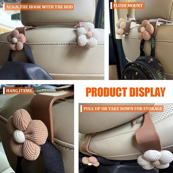 4PCS Car Headrest Hooks, Purse Hook for Car, Cute Flower Auto Backseat Organizer Hanger for Purse Grocery Bag Coat, Auto Seat Back Organizer Storage Hanger Holder Fit Vehicles (White/Orange)
