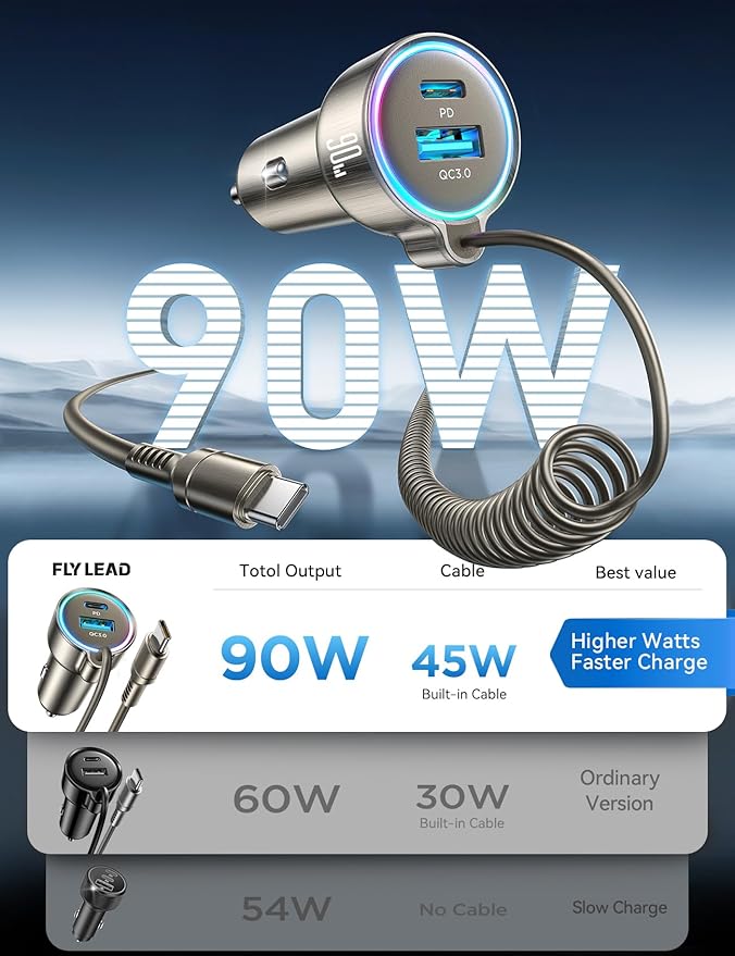 USB C 90W Car Charger for iPhone 17/16 Pro Max, PD & QC3.0 w/5 ft 45W Type C Coiled Cable, Fast Car Phone Charger Adapter for iPhone 17Air/15 Pro, Samsung Galaxy S25/S24/S23, Pixel 10/LG/Android, iPad