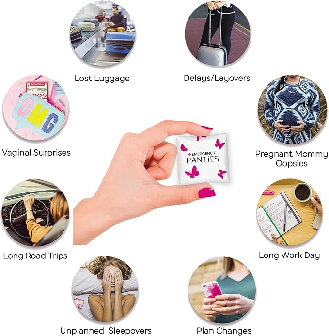Emergency Panties 4in1 Kit Includes Seamless Bikini Underwear, Fresh Wipe & Liner Accidents Travel On-The-Go Hygiene Toiletry Kit Black Bikini