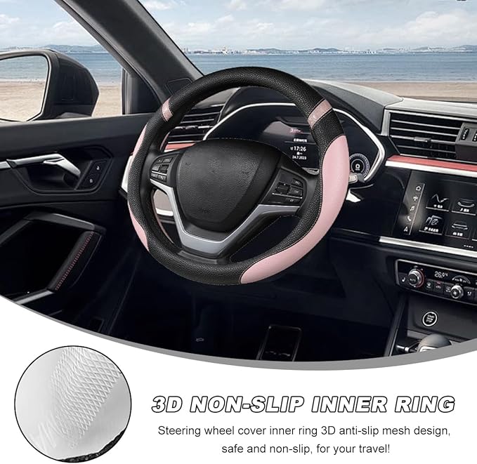 Car Steering Wheel Cover, 15 Inch Premium Leather Breathable Non-Slip Wheels Wrap, Universal Auto Comfortable Steering Wheel Protector for SUV Truck Van, Car Accessories (Pink)