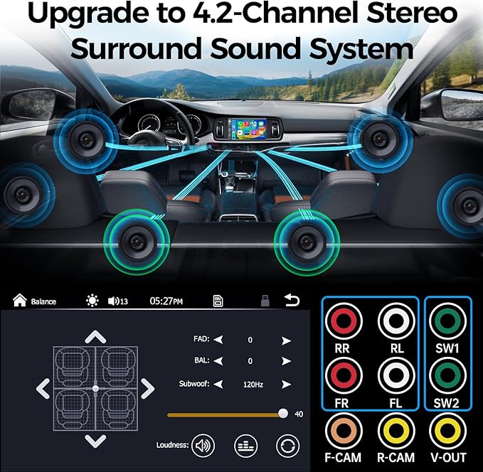SJoyBring Double Din Car Stereo with Dash Cam, Wireless Apple CarPlay & Android Auto, 240W 4.2CHN, 7" Touchscreen, SWC, Bluetooth, FM/AM Car Radio, 2 Subwoofers Outputs, Backup Camera