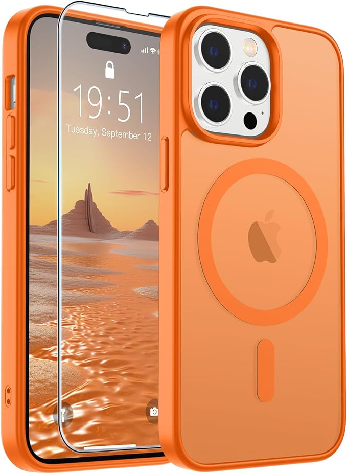 SUPFINE Magnetic for iPhone 14 Pro Max Case with Screen Protector (Compatible with MagSafe) (Military Grade Drop Protection) Translucent Matte Shockproof Phone Cover,Starry Orange