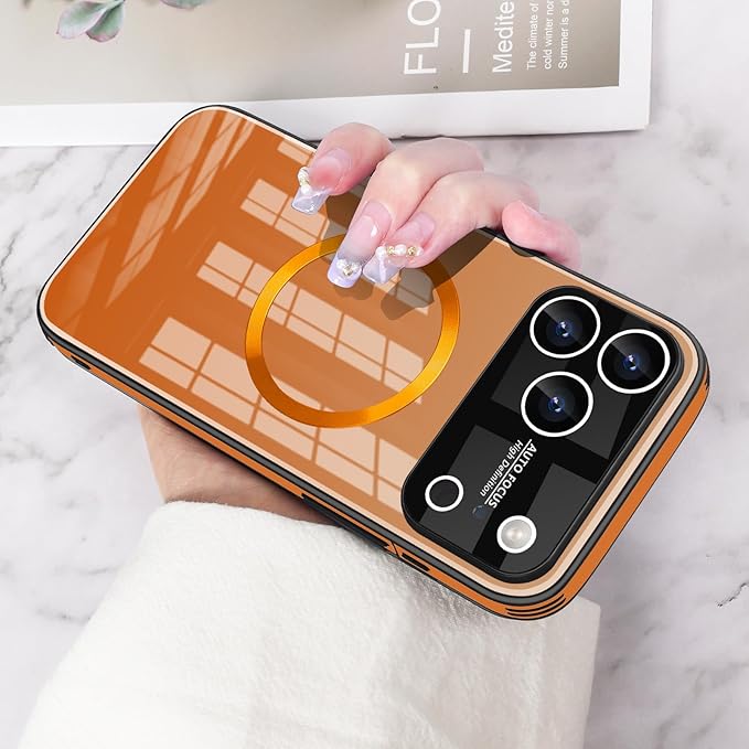 Guppy Compatible with iPhone 17 Pro Max Magnetic Case, with Full Camera Lens Protector [Compatible with MagSafe] Scratch Resistant Gradient Glass Back Cover Phone Case-Orange