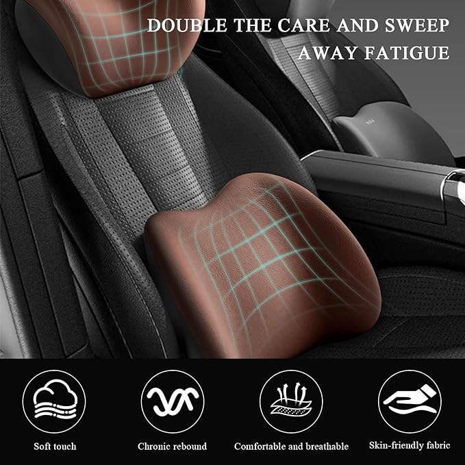 Car Headrest & Lumbar Support Cushion, Ergonomic Memory Foam Car Neck Back Support w/Removable Cover, Universal Breathable Lumbar Cushion Headrest Pillow with Adjusatble Strap (Coffee)