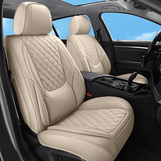 Car Seat Covers Full Set Beige, Luxury Faux Leather Car Seat Covers Waterproof Non-Slip Seat Protector Universal Fit for Most Cars SUVs Trucks Pick-ups,Car Accessories for Front Seats and Back