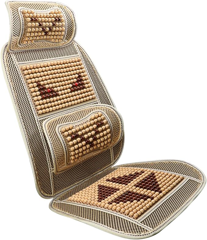 Natural Wood Beaded Seat Cover with Cooling Ventilated Mesh, Massage Seat Cushion with Lumbar Support for Car/Truck Driver