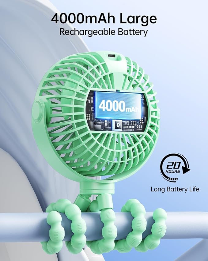 SWEETFULL Portable Stroller Fan with LED Display, 4 Speed Rechargeable Mini Clip On Fan, 360° Rotate Flexible Tripod Better Cooling Small Baby Fan for Car Seat Crib Travel Bike Treadmill (Green)