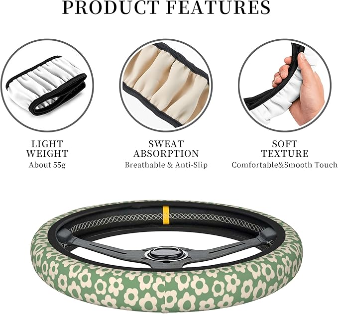 Vintage Groovy Flowers Steering Wheel Cover Cute Universal 15 Inch Car Accessories Protector for Women Fit Auto SUV Sedan Vans Trucks