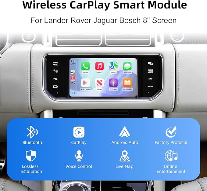 Wireless CarPlay Android Auto Adapter Decoder Retrofit Kit Fits Land Rover & Jaguar 2011-2017 with Bosch Headunit 8" Screen, Supports Mirror Link/Airplay/Backup Camera/USB Drive/Navigation