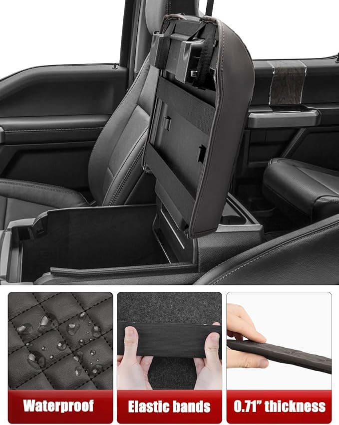 KBH Center Console Armrest Cover for 2015-2020 Ford F150, 2017-2022 F250 F350 F450 F550, 2018-2024 Expedition, Bucket Seat, PU Leather Cushion Thick Pad, Anti-Scratch, Brown (Not for Other Models)