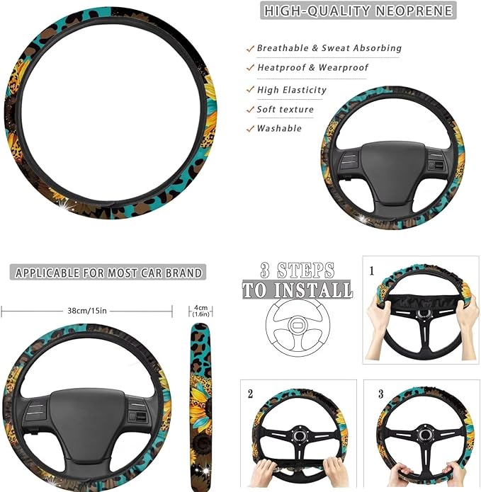 FKELYI Full Set Car Interior Accessories - Sunflower Leopard Seat & Headrest Covers, Steering Wheel, Gear Shifter & Handbrake Covers, Cup Coasters