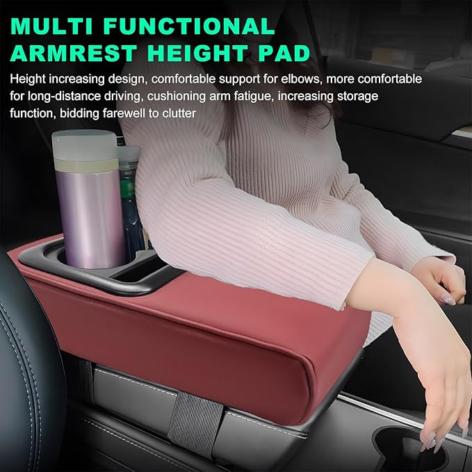 Car Center Console Armrest Pillow, Memory Foam Auto Armrest Box Cover with Cup Holder & Phone Holder, Waterproof Leather Arm Rest Protector Cushion, Interior Car Accessories (Wine Red)