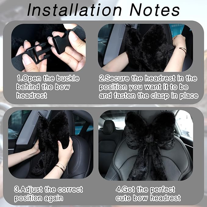 Macarrie 2 Pcs Car Neck Pillow Plush Butterfly Bow Car Headrest Pillow Comfortable Seat Neck Support Cute Car Head Rest Accessories for Driving Travel Driver Chair Girl Style Interior Decor (Black)