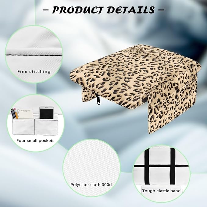 Car Center Console Cover, Leopard Print Soft and Comfortable Car Armrest Box Pad with 4 Storage Bags, Non-Slip Car Interior Accessories Arm Rest Cushion for Car Truck SUV Van