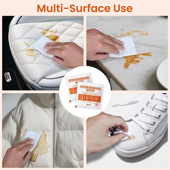 Stain Remover Wet Wipes Bulk, Individual Wrapped Clothes Portable Travel Messy Eater Cleaning Laundry Stain Removal Wipes Pocket Size for Clothing Fabric/Wine/Fast Food 7.1 x 4.7 Inch (White 200)