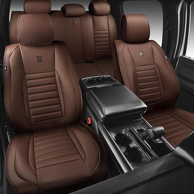 CAR PASS Nappa Leather Car Seat Covers Full Set, Luxury Seat Protector for Cars, Waterproof Anti-Slip Seat Cushion Armrest Compatible Airbag Universal for Sedan SUV Pick-up Truck Auto,Brown