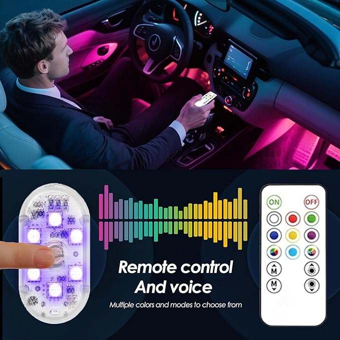 4Pcs LED Interior Car Lights with Remote,7 Colors Sync to Music Ambient Lighting Car Interior with 6 Bright LED Lamp Beads,Portable USB Rechargeable Car Interior Led Night Light for Car Decoration