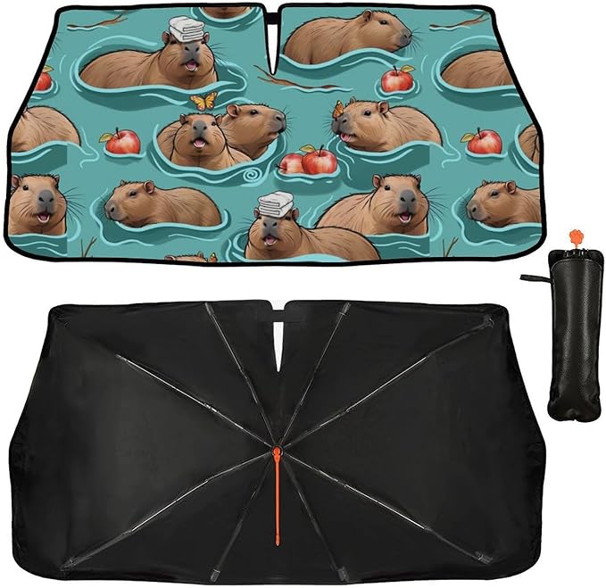 Cute Capybara Print Car Sunshade Umbrella Capybaras Windshield Sun Shade for Car Retractable Umbrella Sunshades for Front Window Cute Sun Shades Cover Visor Portector Block UV Rays